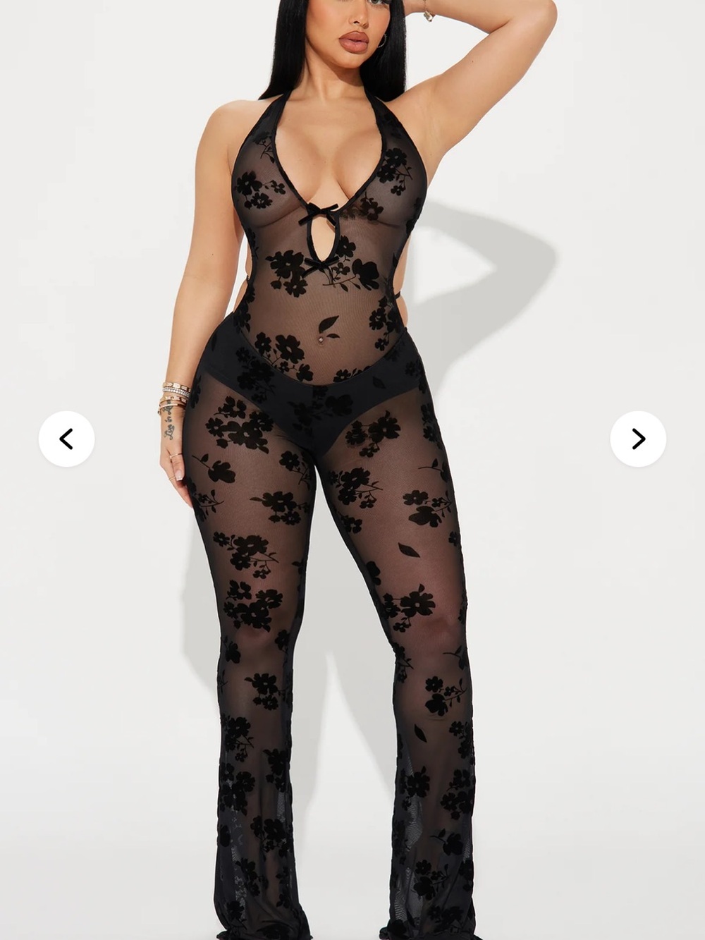 Fashion Nova Black Floral Sheer Mesh Jumpsuit with Keyhole - Picture 2 of 7